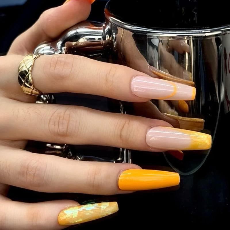 Orange-yellow sequinned long coffin nails - JUICY Pressonnail -
