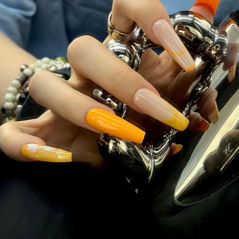 Orange-yellow sequinned long coffin nails - JUICY Pressonnail -