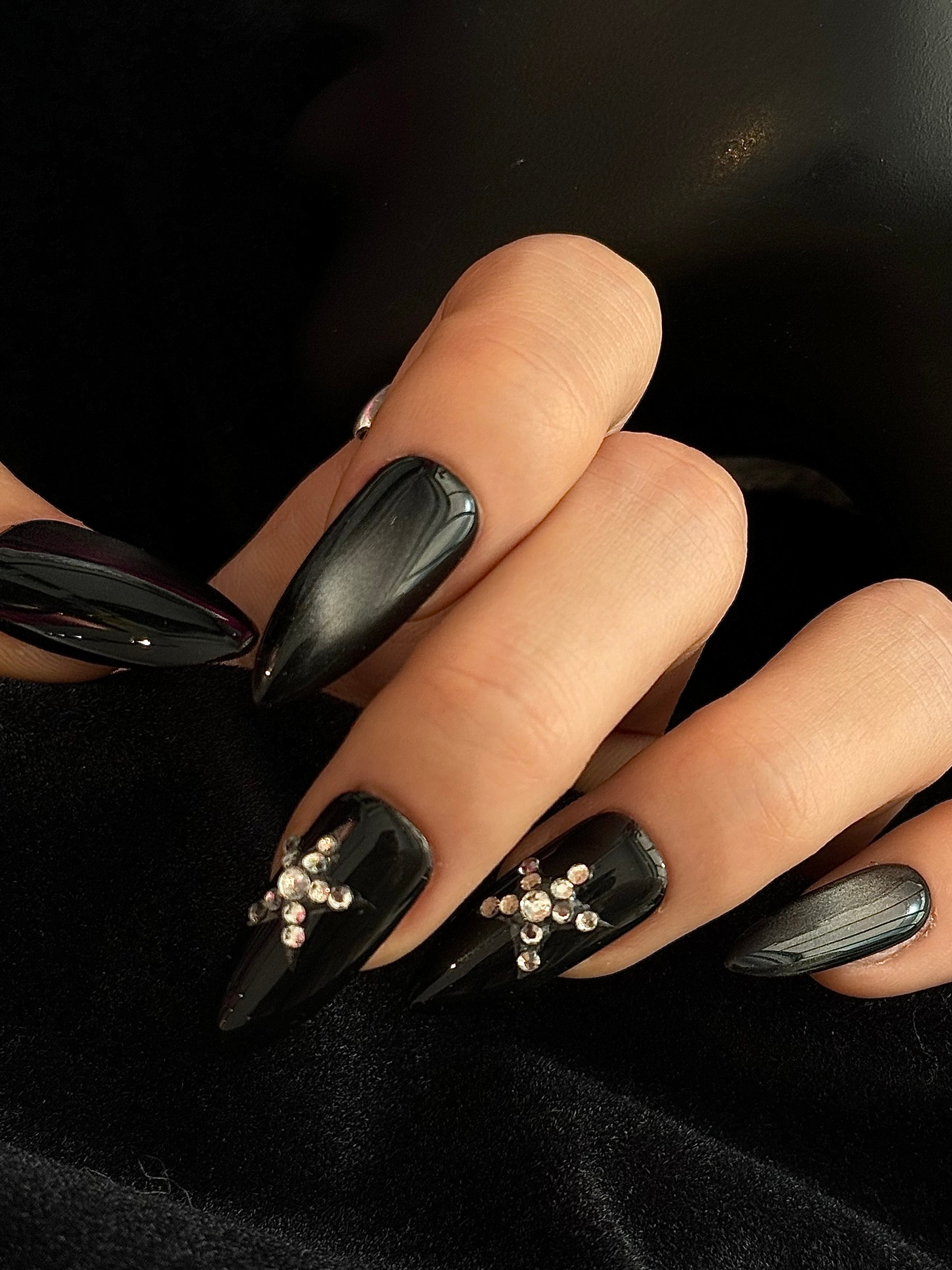 Black cat eye star pointed pressonnail