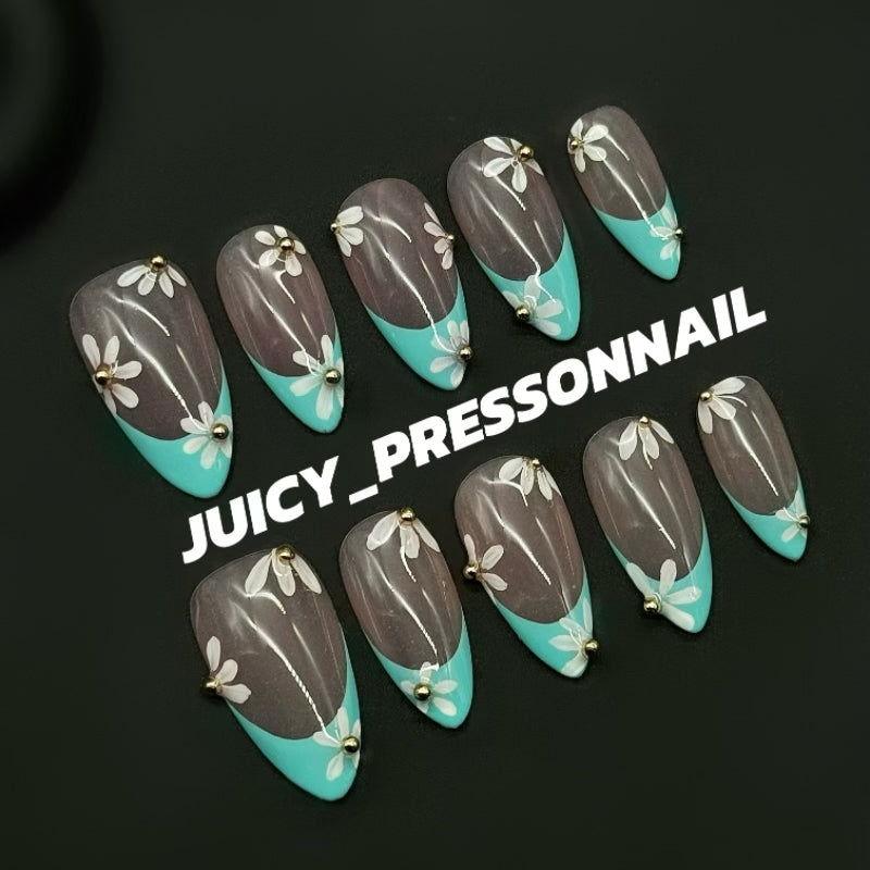 Blue French floral manicure - JUICY Pressonnail - 
