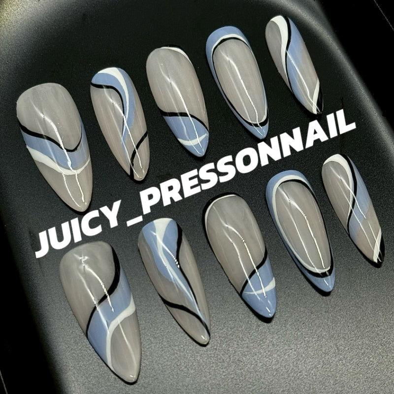 Blue&black&white Curved line Simple almond nail - JUICY Pressonnail - 