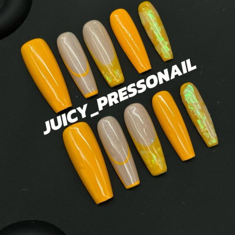 Orange-yellow sequinned long coffin nails - JUICY Pressonnail - 