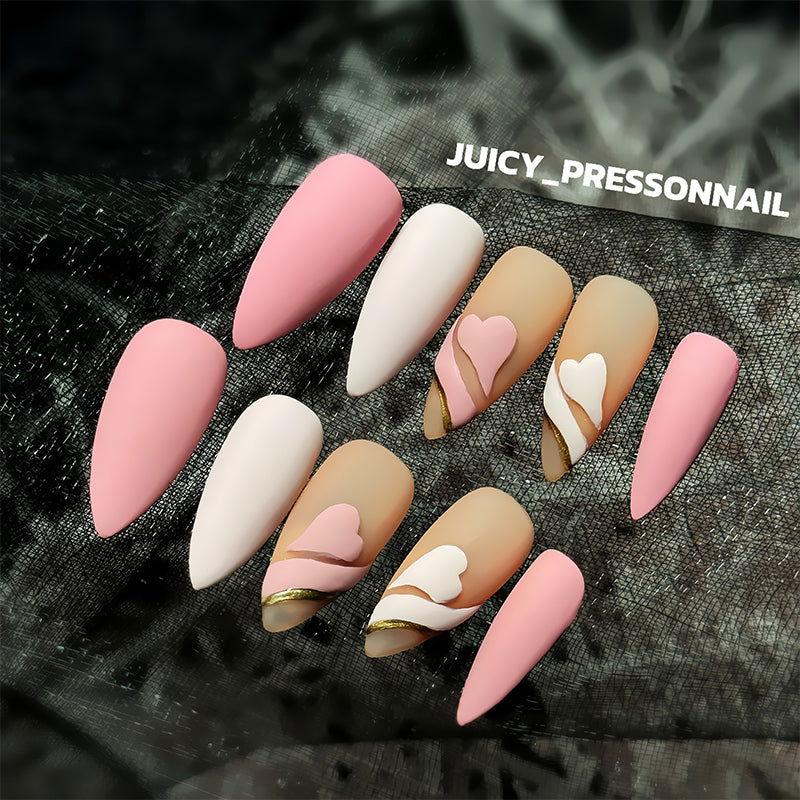 Pink Garden matte 
flowral heart stiletto Manicure - JUICY Pressonnail - 