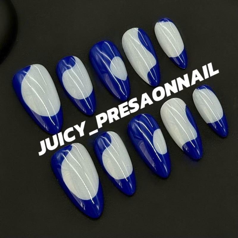 Transparent bottom Blue shaped almond manicure - JUICY Pressonnail - 