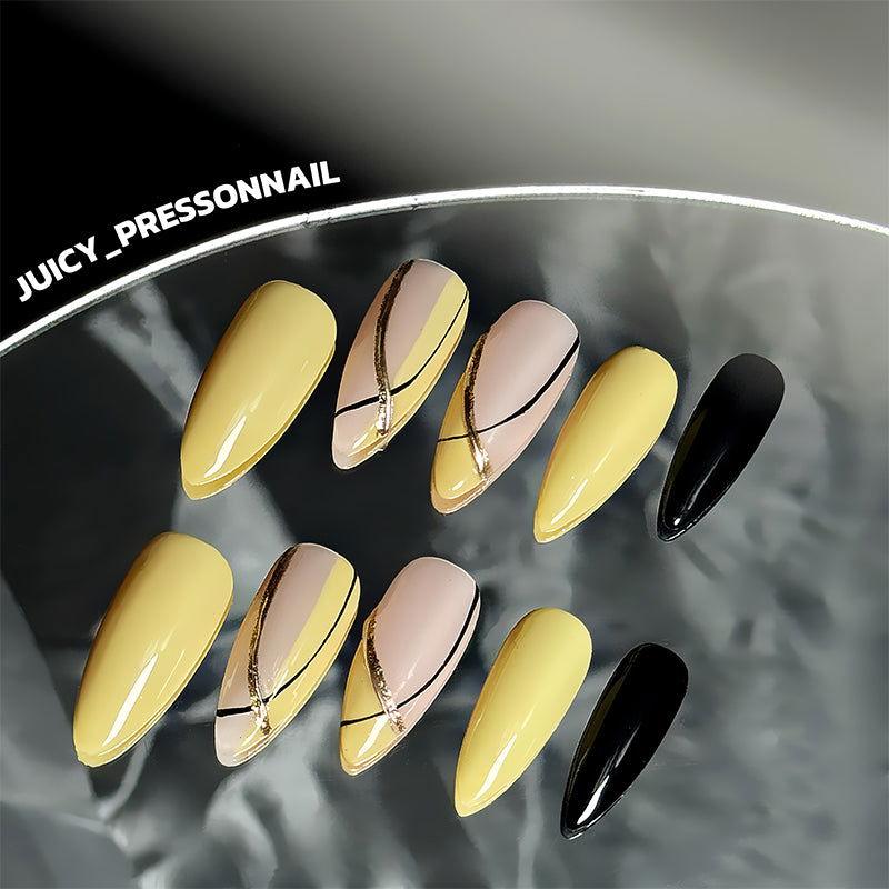 Yellow lines for summer 
simple pointed manicures - JUICY Pressonnail - 