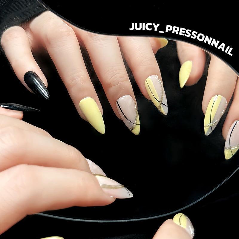 Yellow lines for summer 
simple pointed manicures - JUICY Pressonnail - 